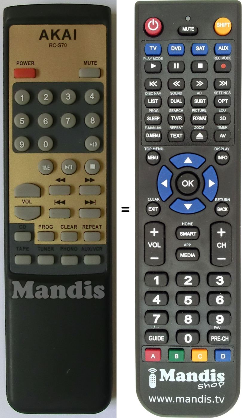 Télécommande équivalente Akai RC-S 70