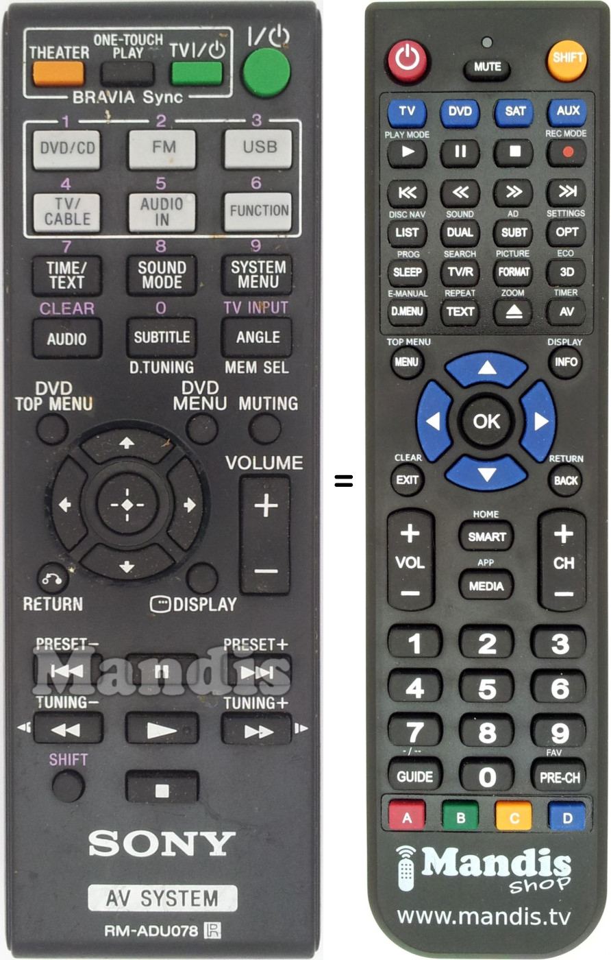 Télécommande équivalente Sony RM-ADU078