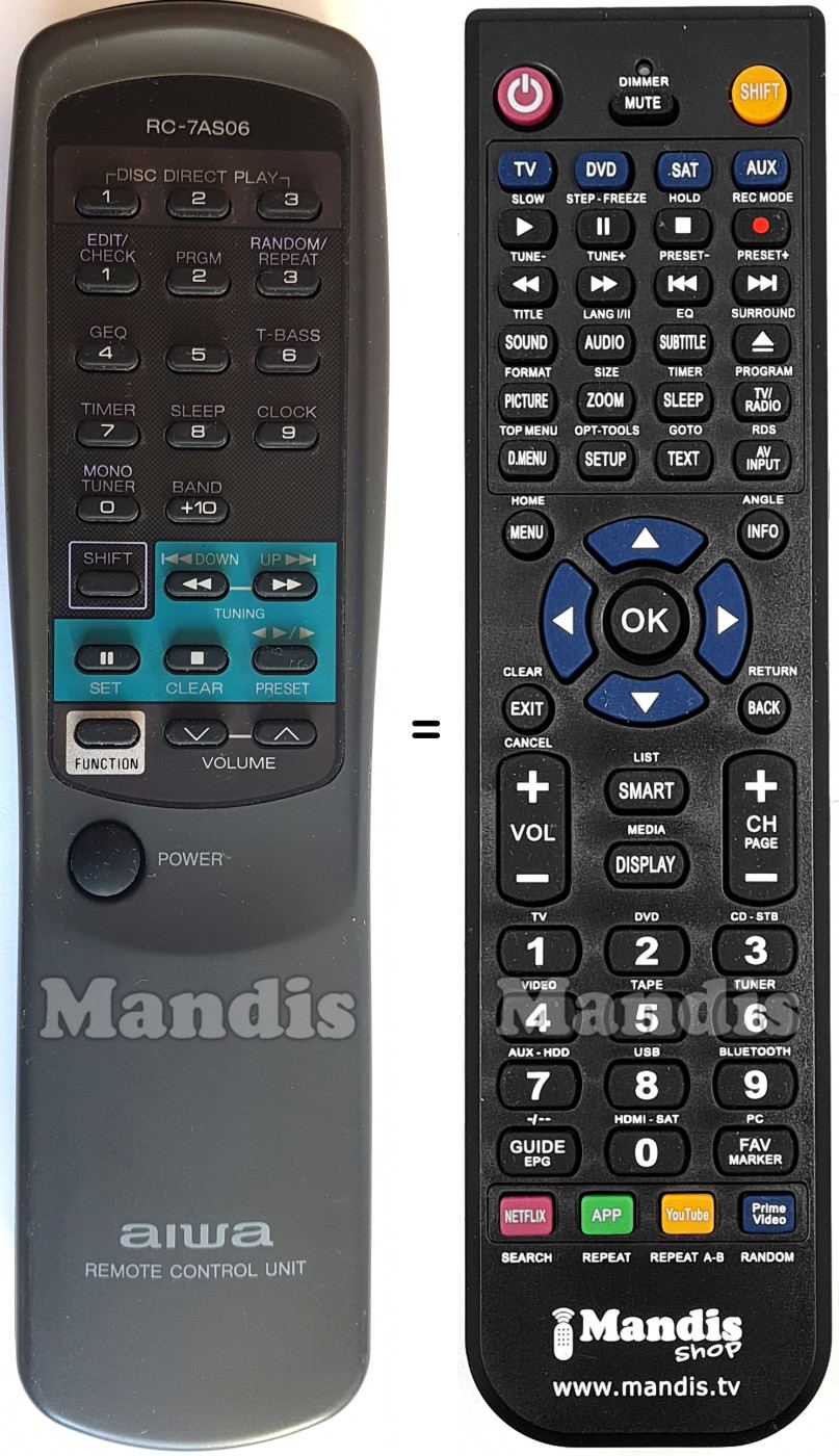 T&eacute;l&eacute;commande &eacute;quivalente Aiwa RC-7 AS 06