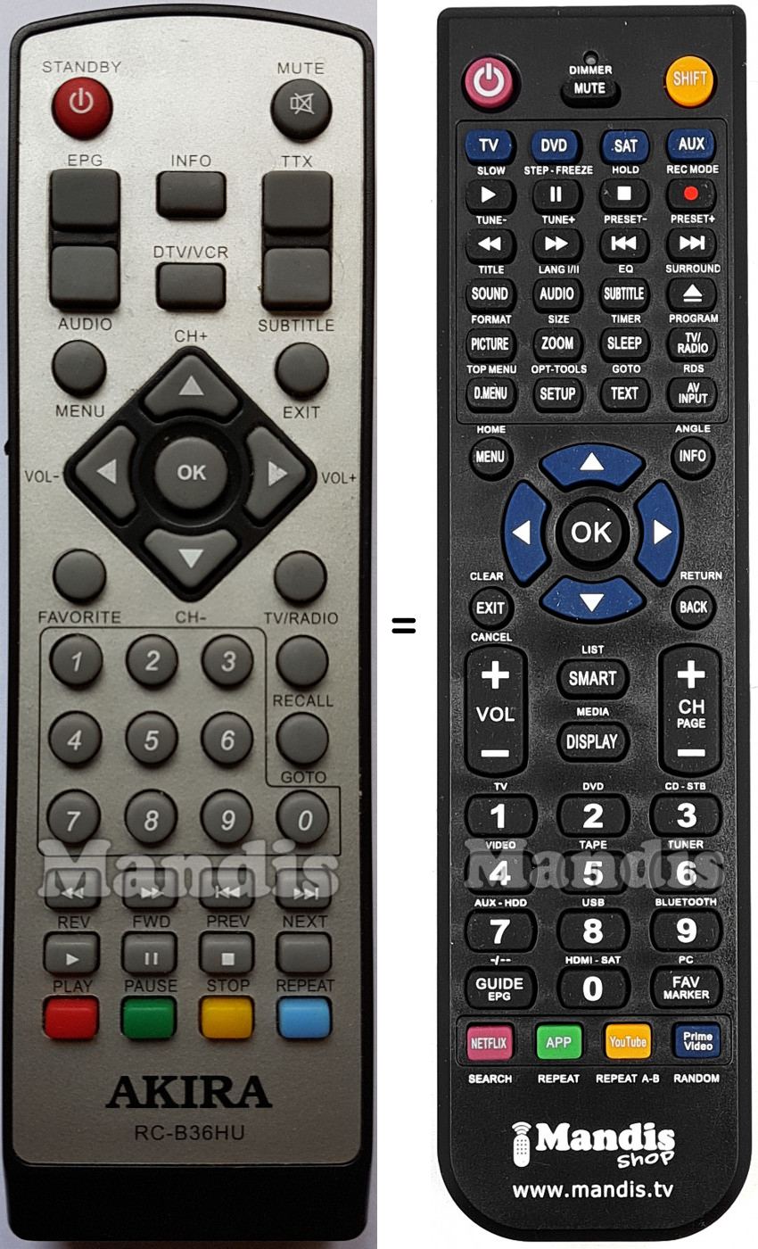 Télécommande équivalente AKIRA RC-B 36 HU