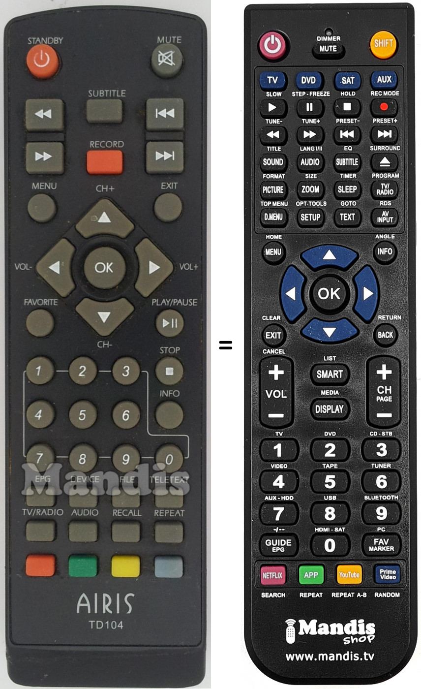 Télécommande équivalente Airis TD104